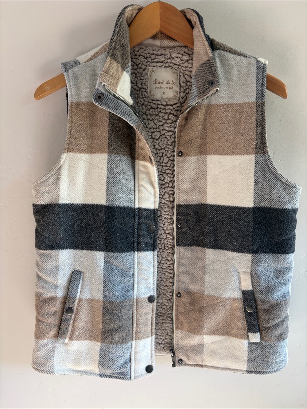 Altar'd State Kids Plaid Sherpa Vest - Beige, Gray & Cream